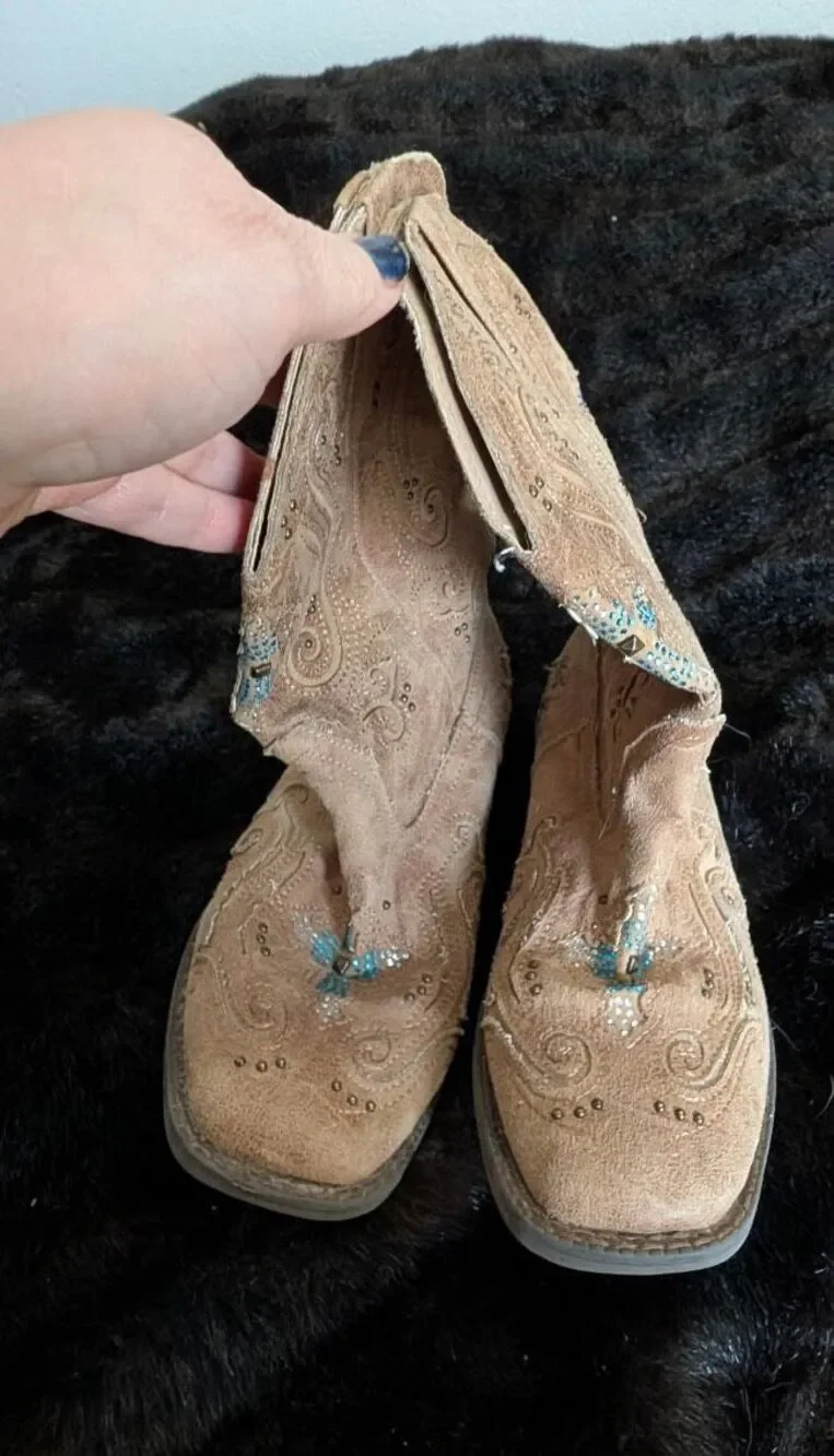 Roper Faith Rhinestone Square Toe Cowboy girls 3 Brown Casual Boots western
